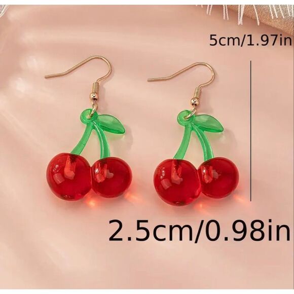 NWT Red Cherries Green Leaf Fun Fruit Dangle Drop Earrings - Picture 3 of 5